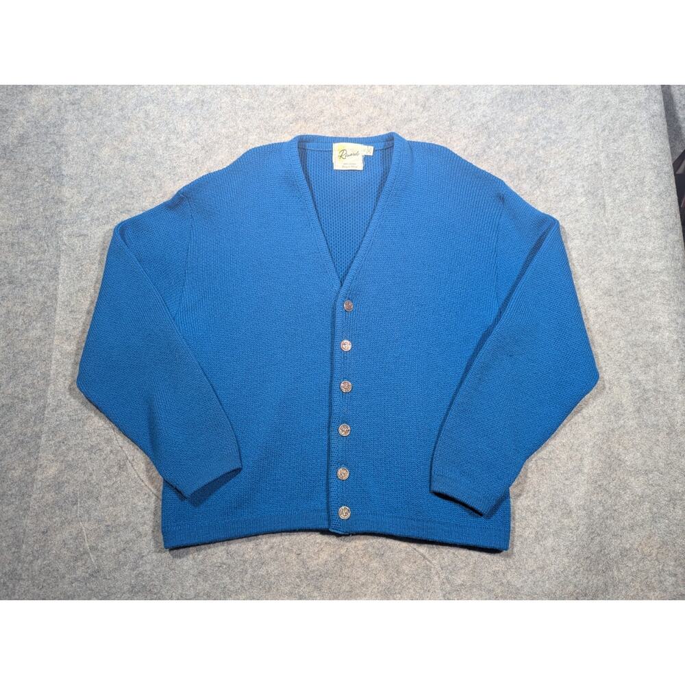 Vtg Rinardo Blue Silver Crest Button Virgin Wool Cardigan Womens Size XL